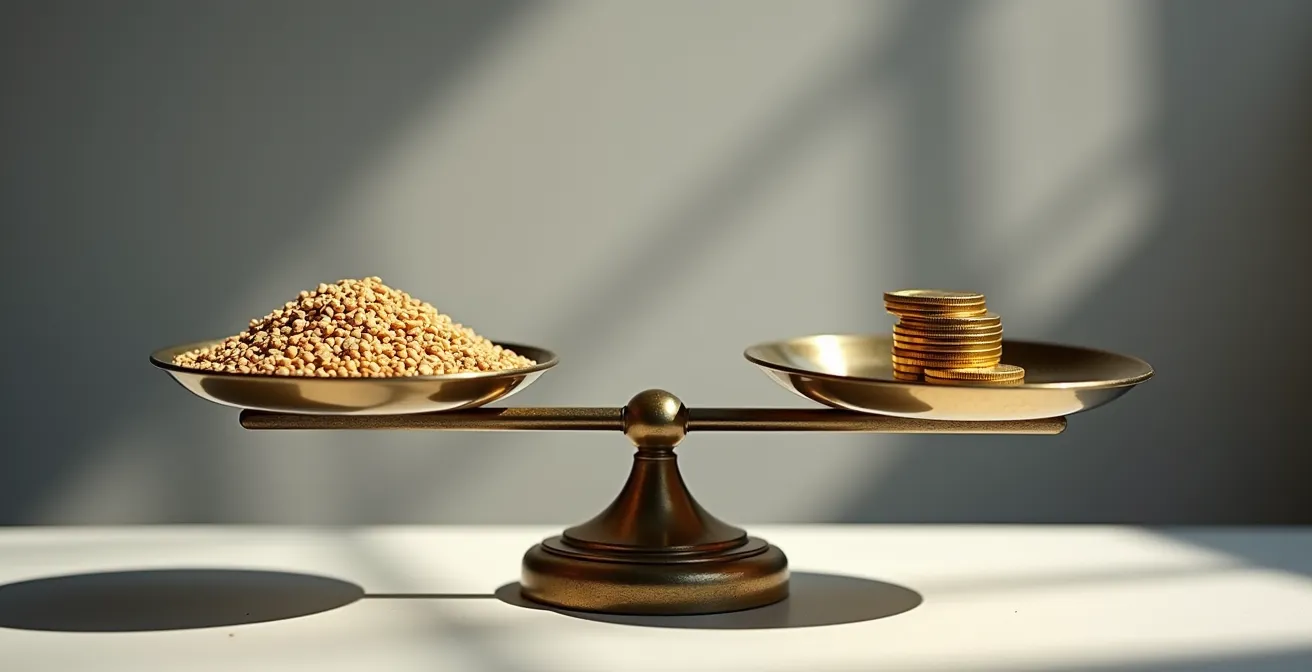 Balance ancienne équilibrant grains de blé et pièces dorées