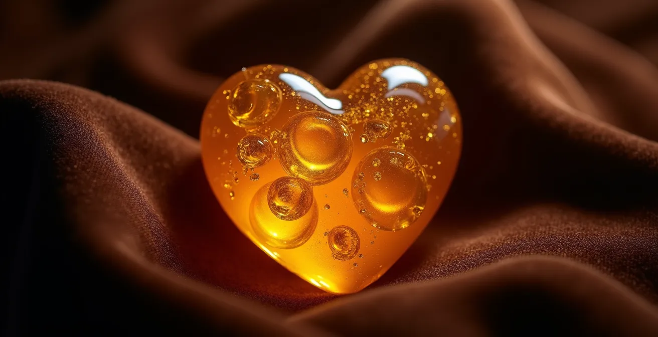 Gros plan sur un cœur symbolique en cristal illuminé de l'intérieur