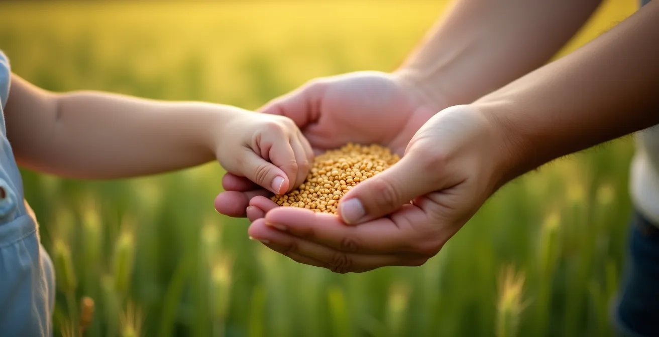 Main d'enfant et main d'adulte tenant ensemble des graines dorées