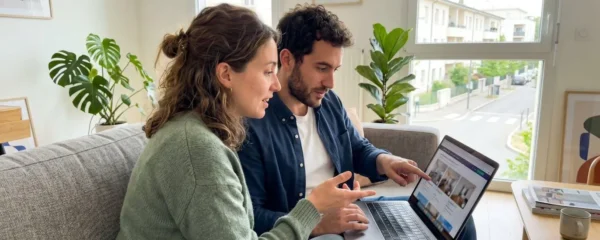 Un couple assis côte à côte dans un salon lumineux consulte des annonces immobilières sur un ordinateur portable, échangeant naturellement sans regarder la caméra