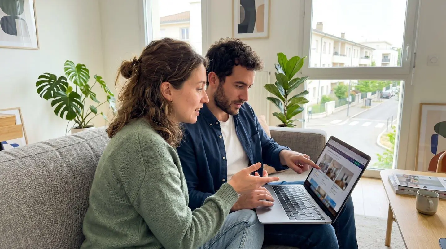 Un couple assis côte à côte dans un salon lumineux consulte des annonces immobilières sur un ordinateur portable, échangeant naturellement sans regarder la caméra