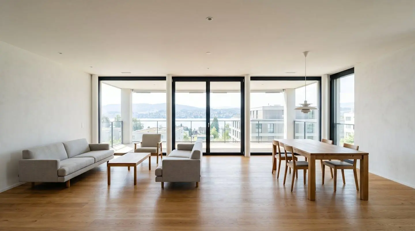 Intérieur d'un appartement contemporain suisse vide et lumineux avec de grandes fenêtres laissant entrer la lumière naturelle, architecture moderne européenne