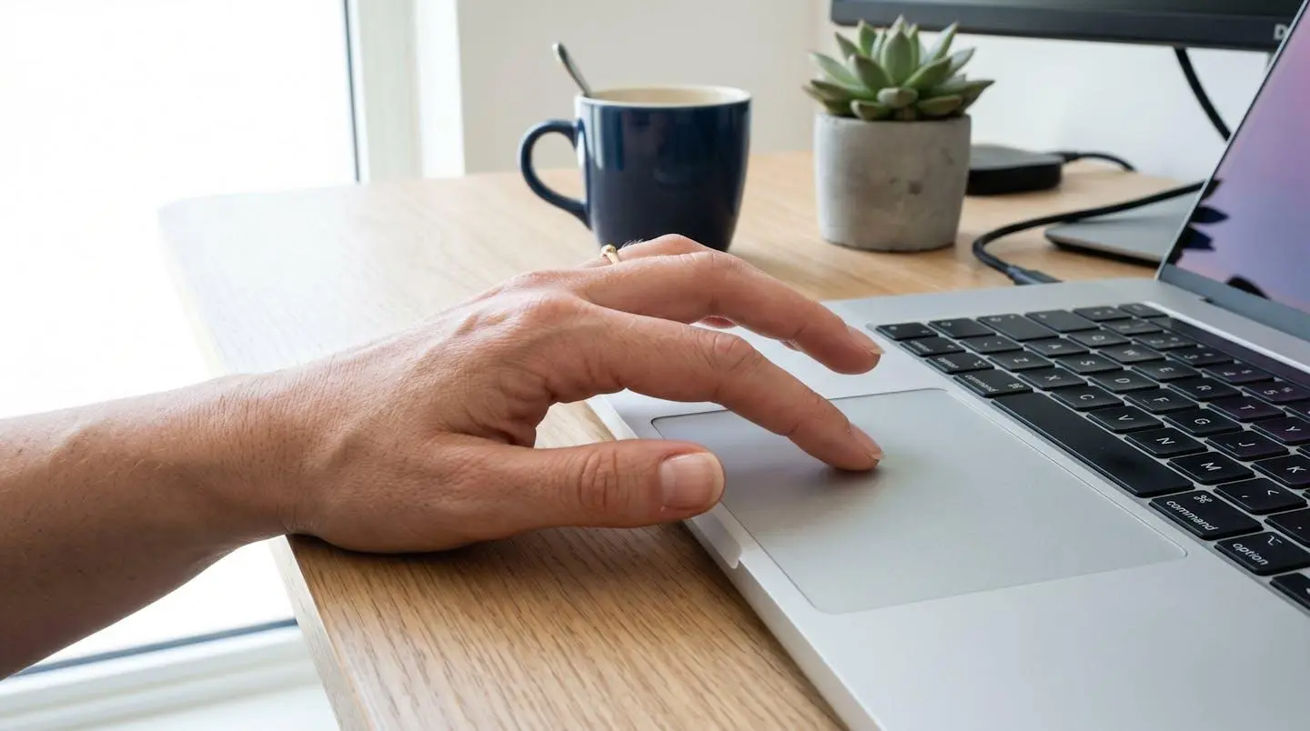 Gros plan sur une main utilisant le trackpad d'un ordinateur portable moderne, l'écran étant complètement flouté en arrière-plan avec un bel effet de profondeur de champ