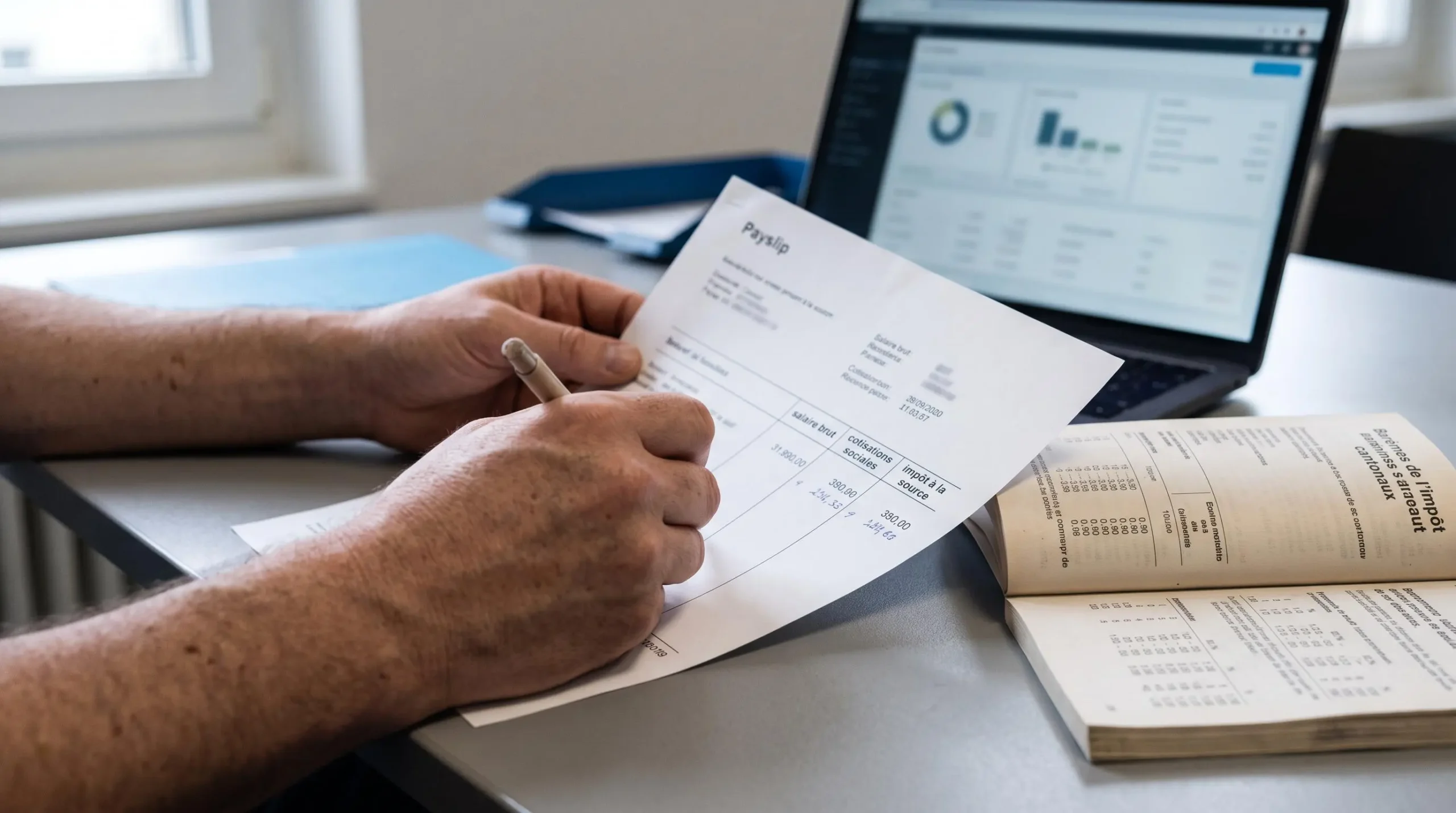 Les mains d'un conseiller paie annotent un bulletin de paie suisse mentionnant les cotisations sociales et l'impôt à la source.