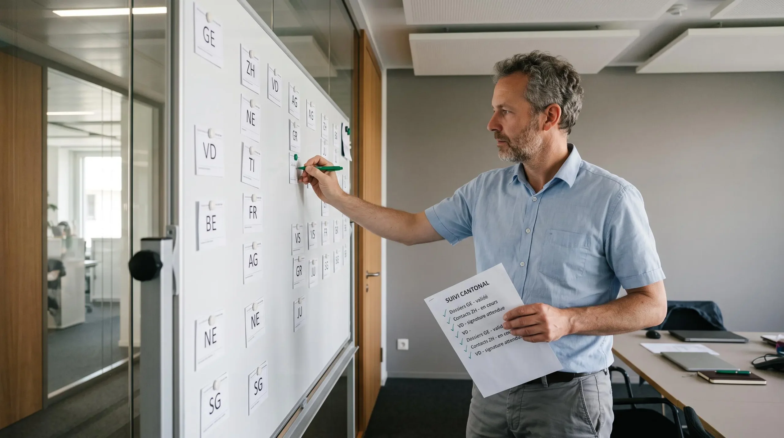 Un responsable RH organise des fiches nominatives de cantons suisses sur un tableau blanc dans une salle de réunion.