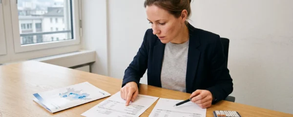 Une spécialiste paie compare deux bulletins de paie suisses posés côte à côte sur une table de travail.