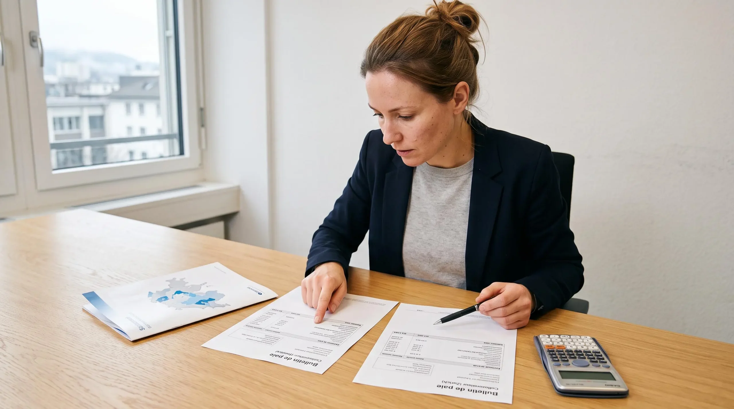 Une spécialiste paie compare deux bulletins de paie suisses posés côte à côte sur une table de travail.